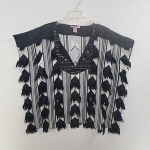 Calypso St. Barth Women's Boho embroided Poncho Pullover Top Black  White  Small